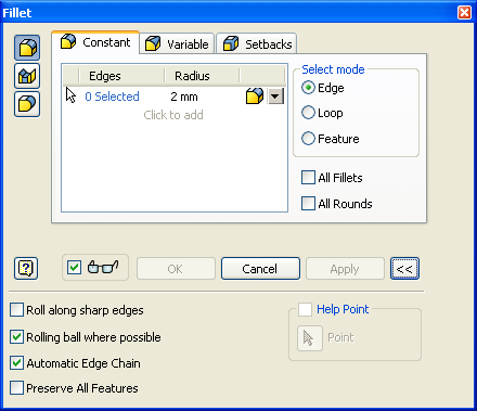 Autodesk Inventor 2008 Tanıtma ve Kullanma Kılavuzu SAYISAL GRAFİK Yuvarlama (Fillet) Unsuru Fillet Parça kenarlarının yuvarlanması için kullanılır.