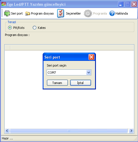 Sol üst köşedeki Seri Port yazısına tıklayarak seri portu seçin.