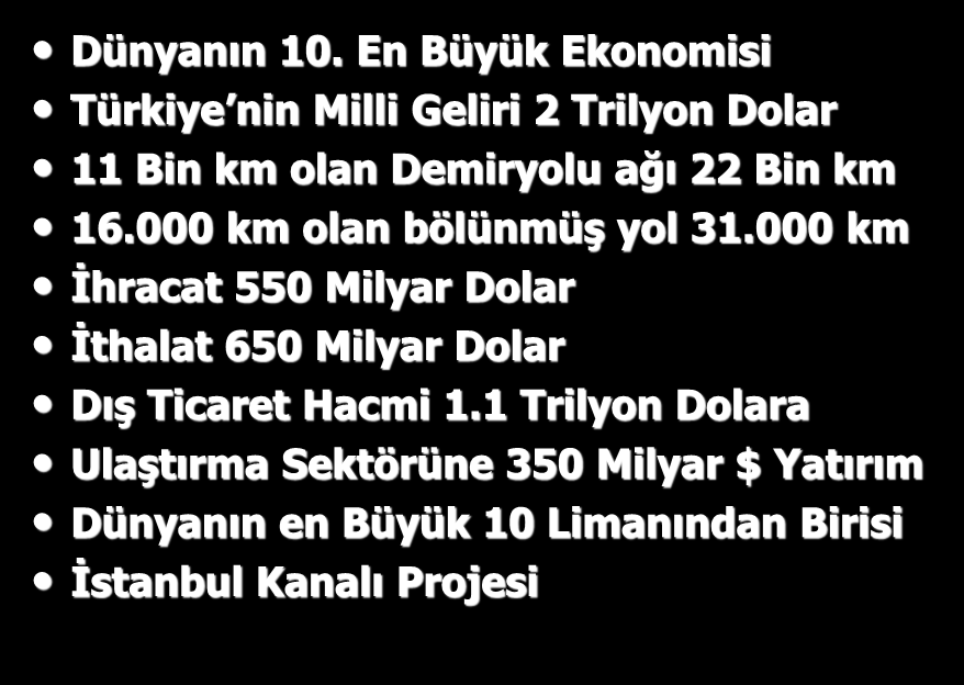 Başbakanımız 2023 Hedefleri Dünyanın 10. En Büyük Ekonomisi Türkiye nin Milli Geliri 2 Trilyon Dolar 11 Bin km olan Demiryolu ağı 22 Bin km 16.000 km olan bölünmüş yol 31.