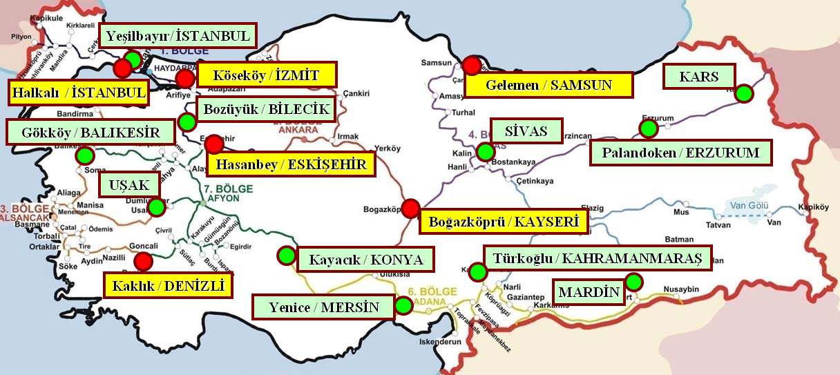 TCDD Intermodal Aktarma istasyonları Samsun (Gelemen), Denizli (Kaklık),