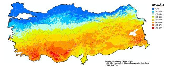 RüzgarGüneş Hibrid Güç Sistemi Osmaniye Korkut Ata Üniversitesi Uygulama Örneği güneşlenme süresi değerlerinin bölgelere göre dağılımı verilmiştir [4].