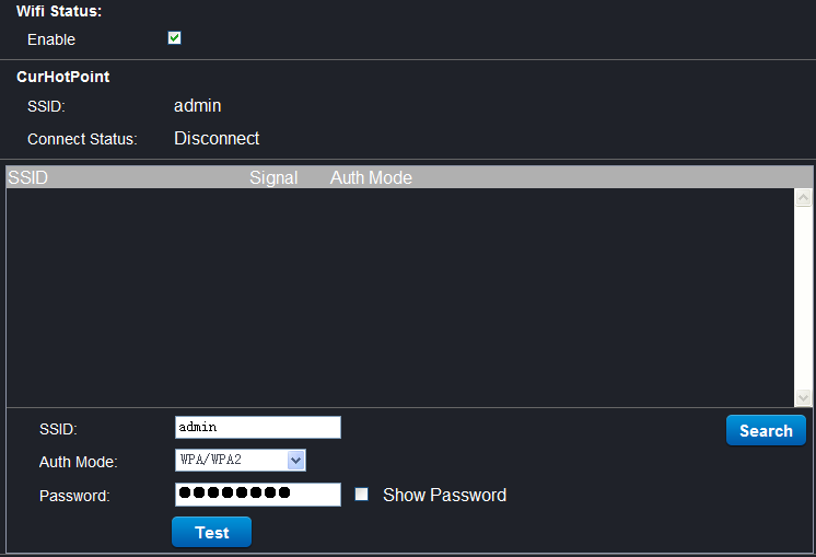 WiFi ayarları Enable: wifi fonksiyonu açmak için işaretleyin.