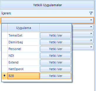 Kullanıcılar oluşturulduktan sonra Yetkili Uygulamalar kısmından B2B yetkisinin verilmesi gerekmektedir. Yetki Ver butonuna basıldığında şirket şube seçim ekranı gelecektir.