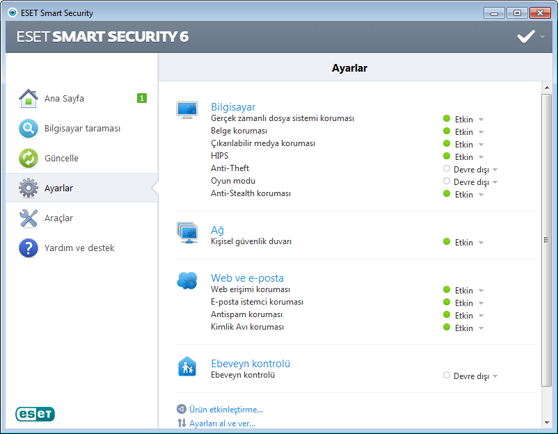4. ESET Smart Security ile çalışma ESET Smart Security ayarları seçenekleri bilgisayarınızın koruma düzeylerini ayarlamanıza olanak verir ve ağ.