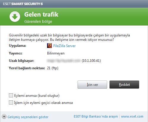 4.2.5 Bağlantı kurma - algılama Kişisel güvenlik duvarı yeni oluşturulan her ağ bağlantısını algılar. Etkin güvenlik duvarı modu yeni kuralda hangi eylemlerin gerçekleştirileceğini belirler.