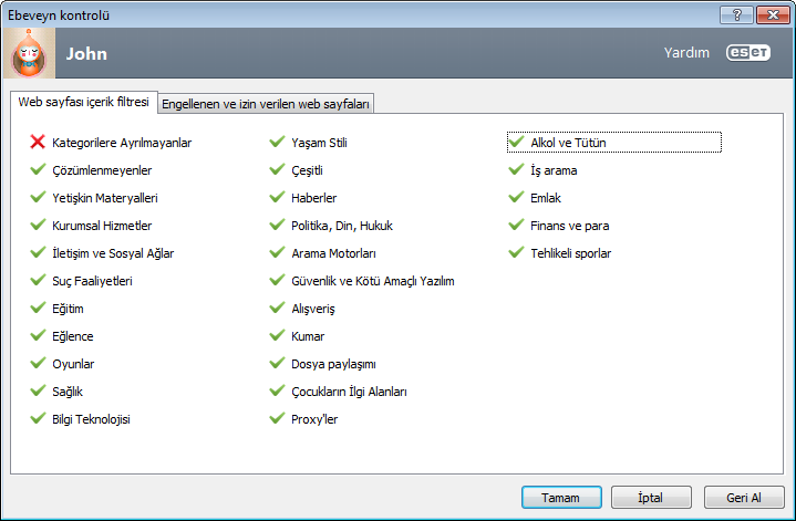 4.4.1 Web sayfası içeriği filtreleme Bir kategorinin yanındaki onay kutusu işaretliyse, bu kategoriye izin verilmektedir.