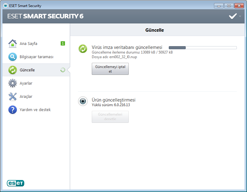 Önemli: Normal şartlarda güncellemeler düzgün şekilde karşıdan yüklendiğinde Güncelleme penceresinde Güncelleme gerekli değil - Virüs imza veritabanı güncel iletisi görüntülenir.