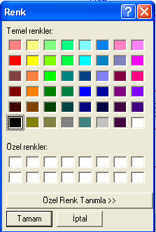 c) Fill Color (Dolgu Rengi): Dikdörtgen gibi grafik elemanlarının dolgu rengi değiştirilmek istendiğinde kullanılır. Ekrana gelen renk tablosundan dolgu rengi seçilerek Tamam düğmesine basılır.