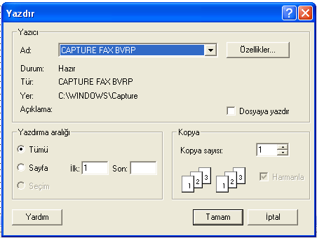 Print (Yazdır): Tüm Windows uygulamalarında olduğu gibi standart olan print diyalog penceresini açar. Buradan yazıcı ve yazdırma aralığı seçilerek dosyaların çıktısı alınır.