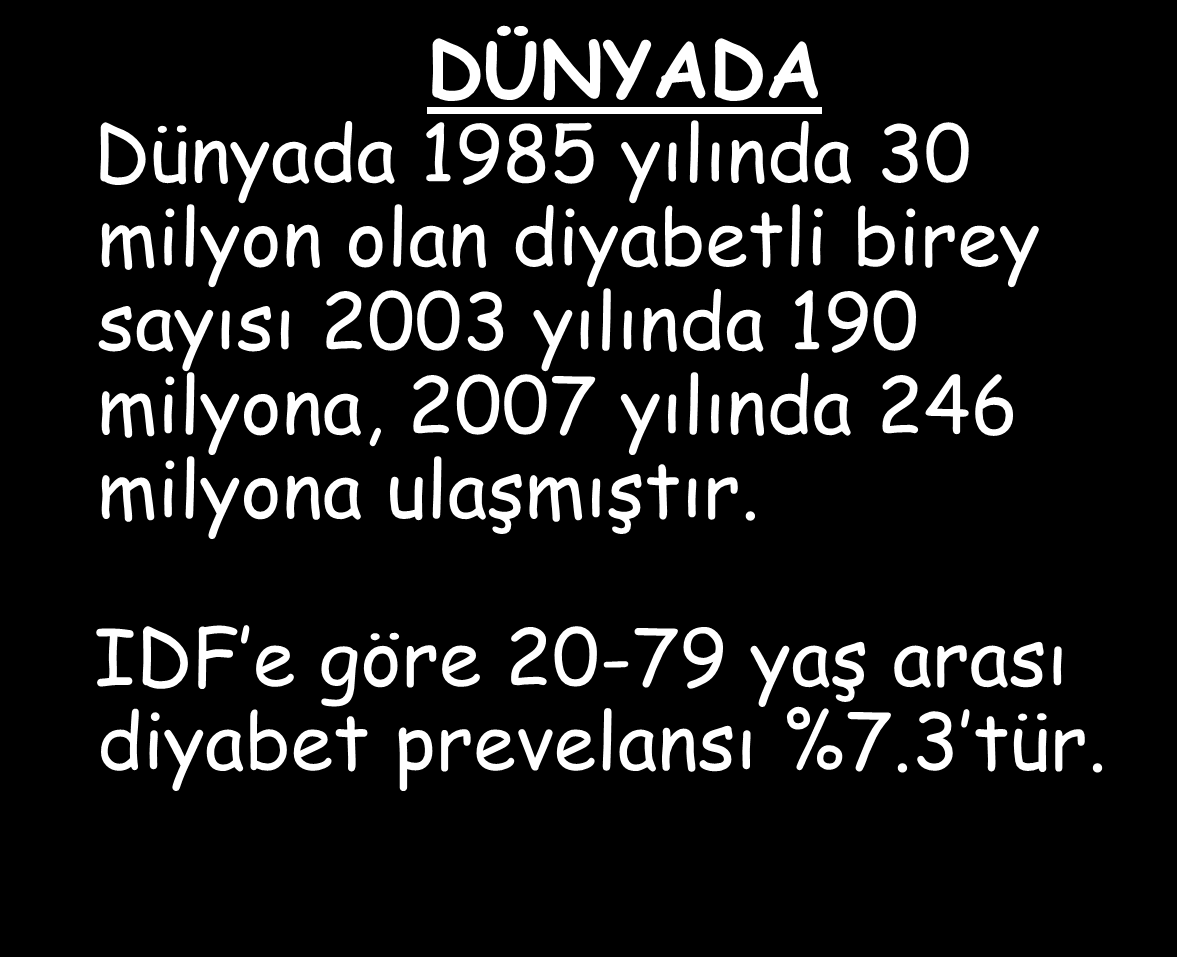 DÜNYADA Dünyada 1985 yılında 30 milyon olan diyabetli birey sayısı 2003 yılında 190 milyona, 2007