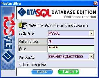 SQL2005 için giriş (Standart Edition, Express Edition) Ekran 2 de görüldüğü gibi bağlantı tipi MSSQL olmalıdır.