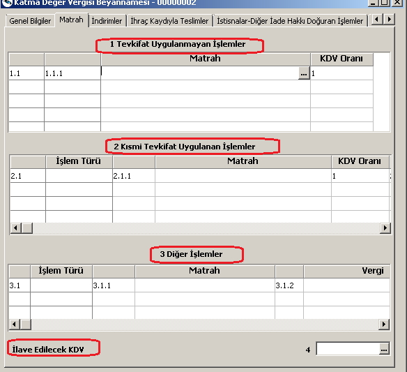 Matrah: Matrah bölümü tevkifat uygulanmayan işlemler, kısmi tevkifat uygulanan işlemler, diğer işlemler ve ilave edilecek kdv olmak üzere dört bölümden oluşmaktadır.