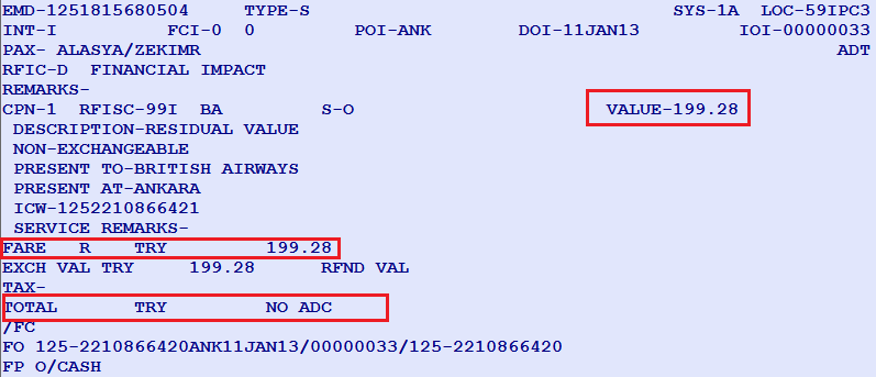 PNR görüntüsü; Reissue bilet ; TWD/L7 EMD görüntüsü EWD/L8 Daha sonra fark için düzenlenen EMD iadeye alınır.