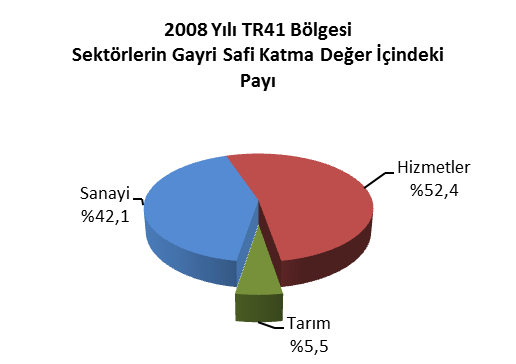 2008 2007 2. Ekonomide Tarımsal Üretimin Payı TR41 Bölgesi, toplam GSKD ile 2008 yılı değerleri itibariyle 26 bölge içinde İstanbul ve Ankara bölgelerinden sonra üçüncü sırada yer almaktadır.
