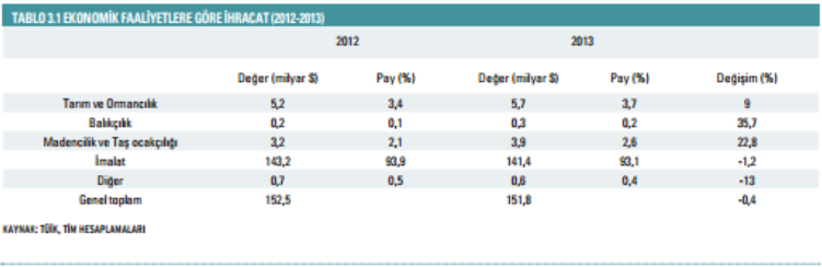 Ekonomik Faaliyetlere göre ihracat 2013 yılında toplam