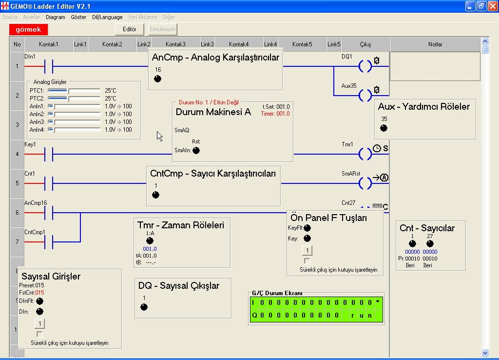 Bir ladder elemanı diyagramda kullanıldığında, o ladder elemanı ile ilgili simülasyon alt ekranları simülasyon moduna geçildiğinde otomatik olarak ekranda görünür hale gelir.