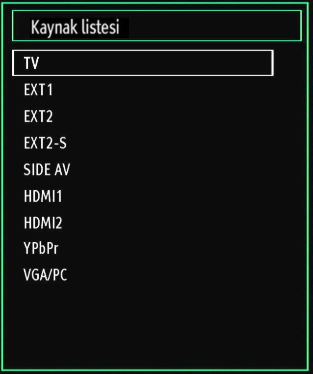 Giriş Seçimi Harici sistemleri TV nize bağladıktan sonra farklı giriş kaynaklarına geçebilirsiniz. Kaynakları doğrudan değiştirebilmek için kumanda üzerindeki SOURCE tuşuna basınız.