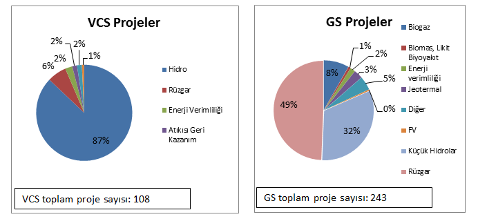 Türkiye deki gönüllü karbon standartları altında geliştirilen 351 projenin türüne ve sayısına göre dağılımı aşağıdaki gibidir.