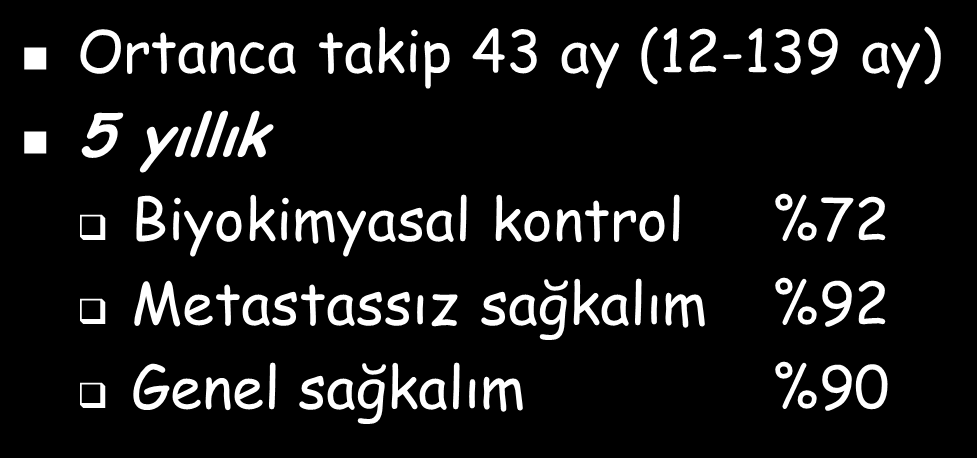 5 yıllık bned (%) Univarye p Multivarye p yaş 65 75 0.81 >65 73 preop PSA 0-10 ng/ml 84 0.0213 0.0285 11-20 ng/ml 68 >20 ng/ml 55 sv tutulumu Var 66 0.195 Yok 78 Lenf bezi tutulumu Var 76 0.