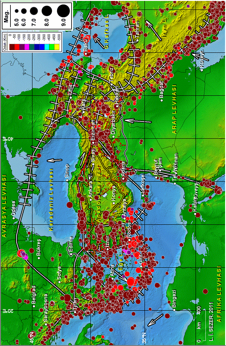 42 Lütfi İhsan SEZER Şekil 1: Mc Kenzie (1972) modeline göre Türkiye nin tektonik haritasında depremler (USGS, Ms 5; 1960-23.11.