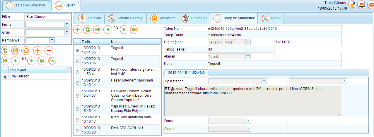 Talep Detay Ekranı Müşterinizin tüm iletişim geçmişini tek ekranda görüntüleyin TegsoftCC Çağrı Merkezi ürünü ile entegre çalışan Talep ve Şikayet Yönetimi Modülü aracılığı ile değerlendirilen