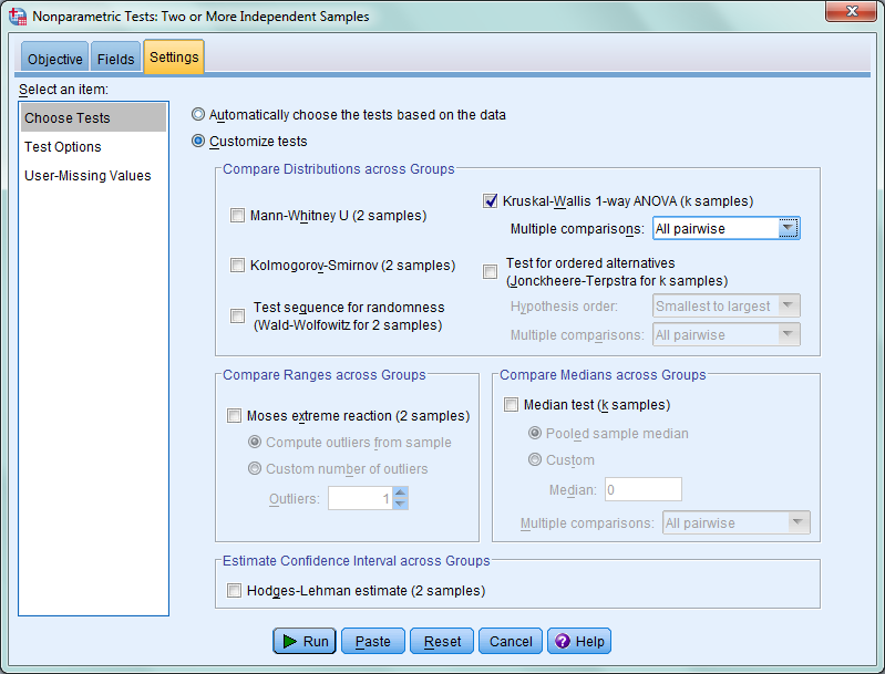 SPSS de Kruskal-Wallis H testi Açılan pencerede Customize tests işaretlenir.