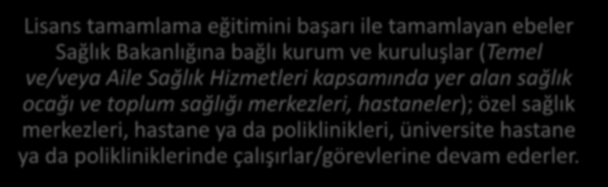 MEZUNLARIN İSTİHDAM PROFİLLERİ Lisans tamamlama eğitimini başarı ile tamamlayan ebeler Sağlık Bakanlığına bağlı kurum ve kuruluşlar (Temel ve/veya Aile Sağlık Hizmetleri kapsamında yer alan