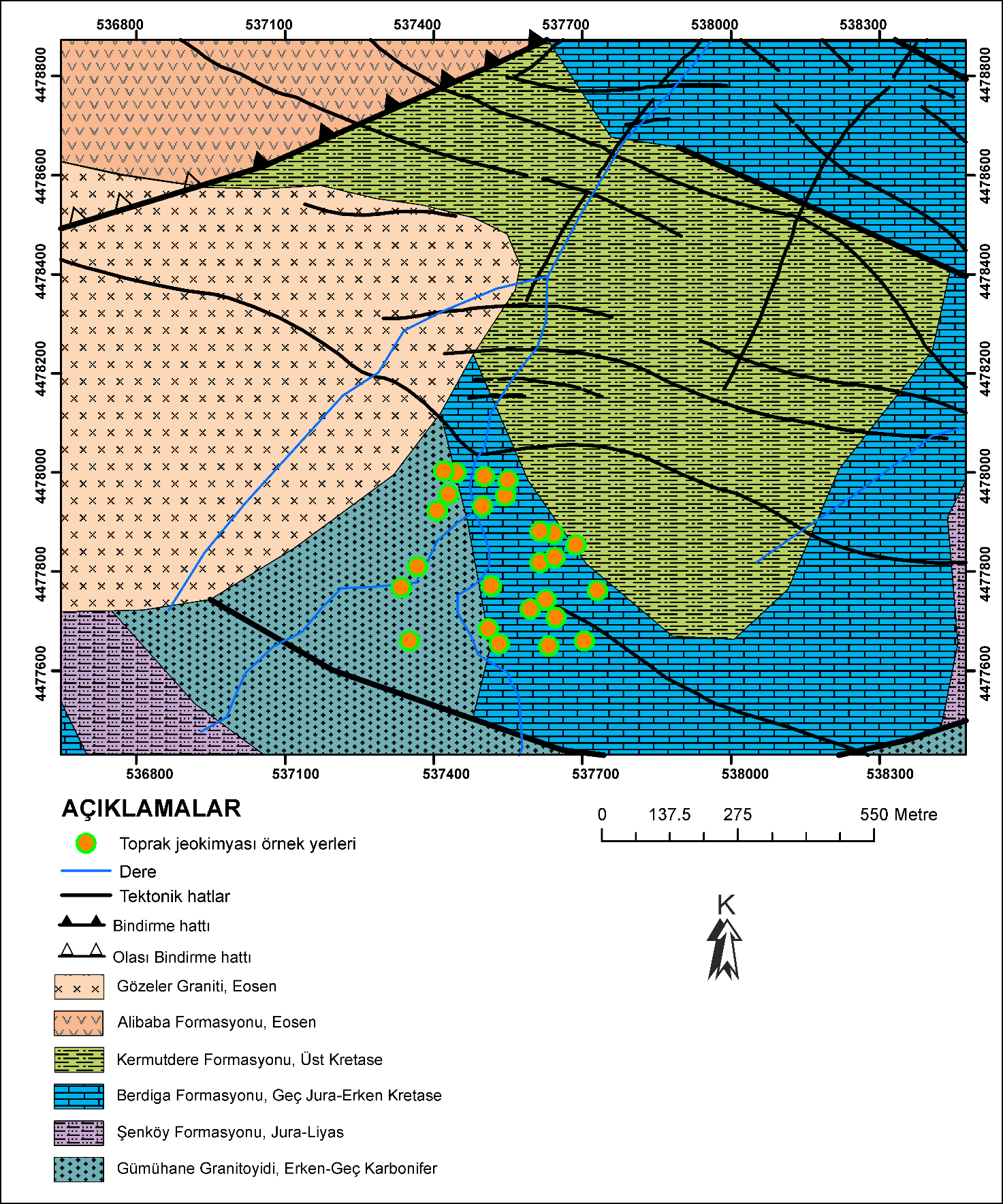 ġekil 2. Toprak jeokimyası örnek alım noktaları ve sahanın jeoloji haritası (jeoloji haritası Güven 1993 ten değiģtirilerek alınmıģtır). ÇalıĢma sahasındaki toprak örtüsü genellikle 0.