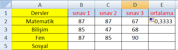 Örnek : Örnek : Ortalama =Ortalama() foksiyonunu kullanarak E2 hücresine