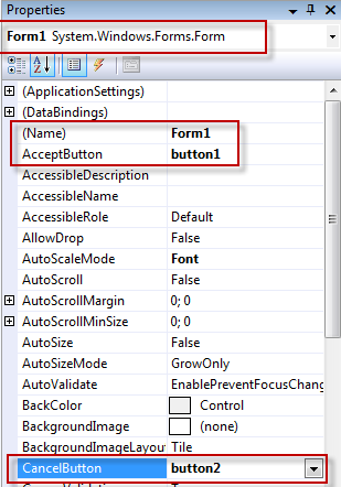 Visual Studio Ekranı Accept Button: Form açıldığında seçili gelecek buton Cancel Button : ESC tuşuna