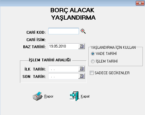 Borç Alacak Yaşlandırma Tek bir cari hesaba ilişkin detaylı gecikmelerin alınabildiği rapordur. Herhangi bir cari hesabın toplam gecikme süresi, tutarı ve tutar detayı alınabilmektedir.