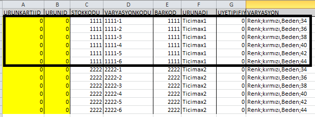 NOT: Eğer STOKKODU alanında tire (-) ile ayrılmış özel karakter kullanımı yapıyorsanız farklı bir özel karakter ile stok kodunuzu değiştirmenizi öneririz.