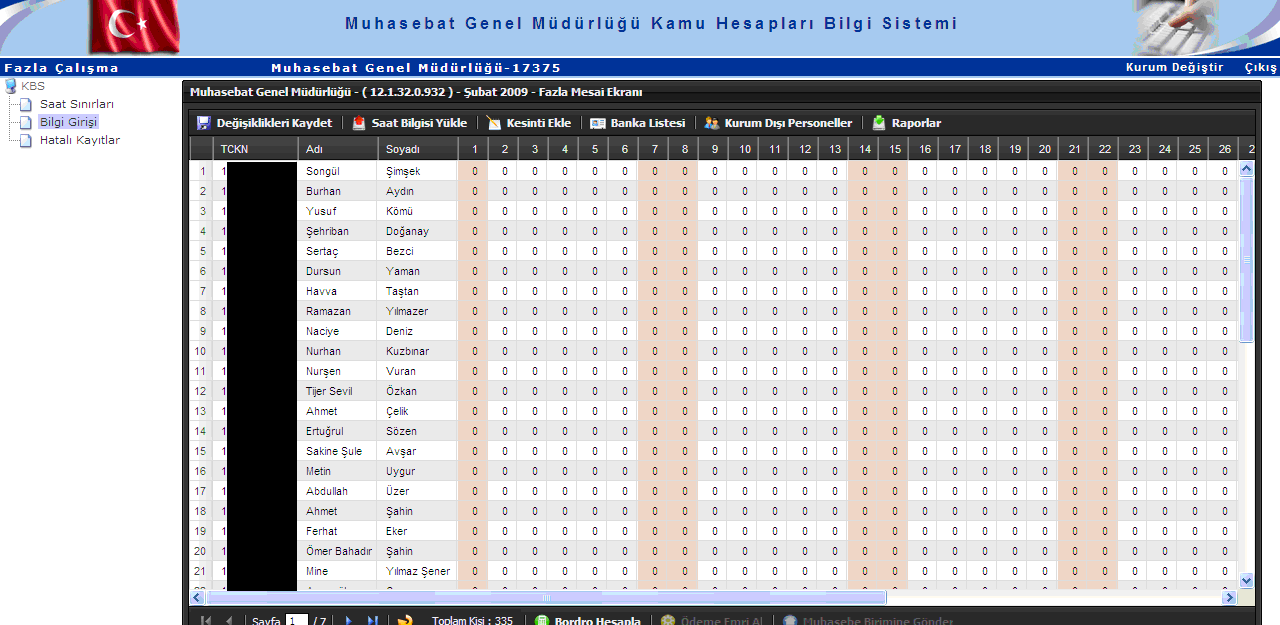 SAAT PUANTAJ DOSYASININ KBS YE AKTARILMASI Bilgi Girişi sayfası açıldığında ilgili tahakkuk birimi çalışanlarının, T.C.