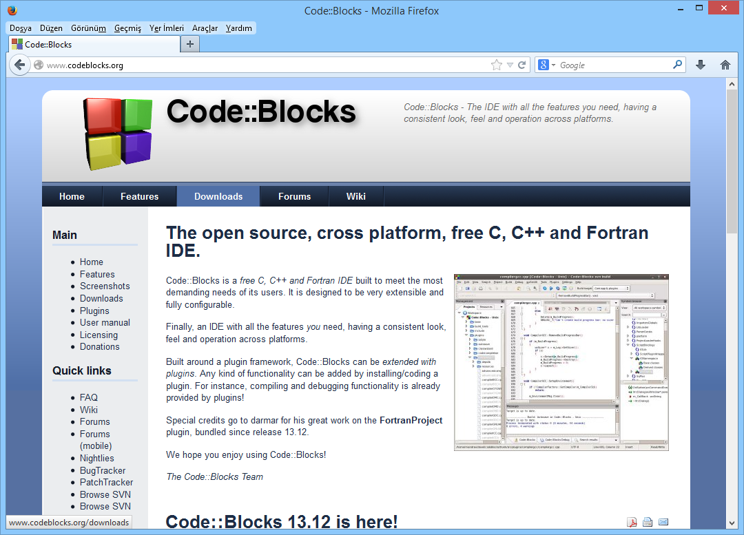 Code::Blocks İndirme Code::Blocks ana sayfasında Downloads