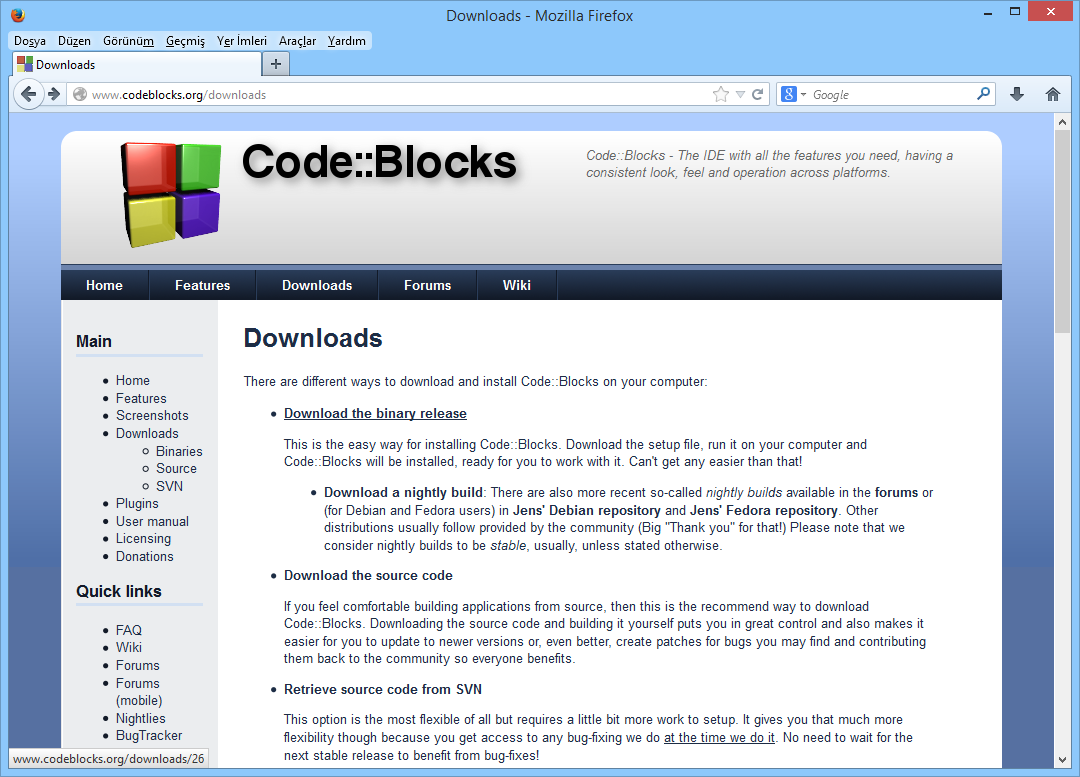 Code::Blocks İndirme Açılan Downloads sayfasında ise Download the binary