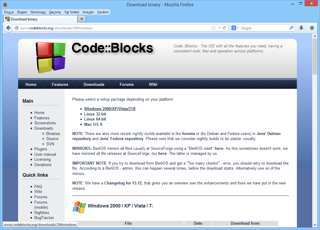 Code::Blocks İndirme Şimdi de yazılımı yükleyeceğiniz platformu (İşletim Sistemini) gösteren