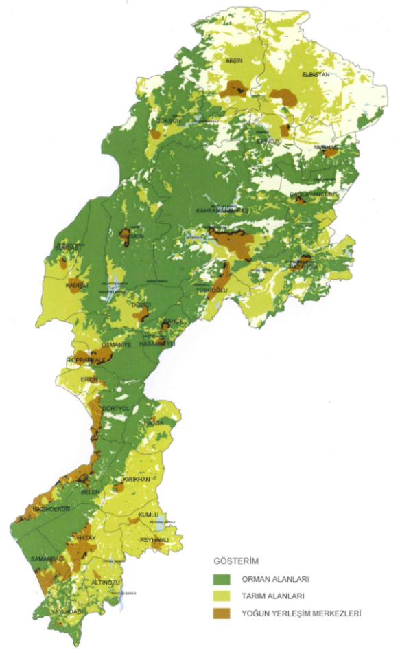 Harita 19. Orman-Tarım-Yerleşim Yeri Arazileri TR63 Bölgesinin morfolojik yapısı (Harita 18) gereği dağların genelde orman örtüsü kaplı olduğu Harita 19 üzerinde görülmektedir.