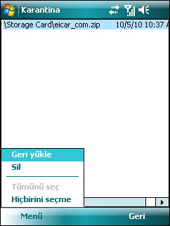 6. Tehdit bulundu Bir tehdit bulunursa, ESET Mobile Security sizden bir eylem gerçekleştirmenizi isteyecektir. Karantina Listesi Tehdit uyarısı iletişim kutusu Sil yolunu izlemenizi öneririz.