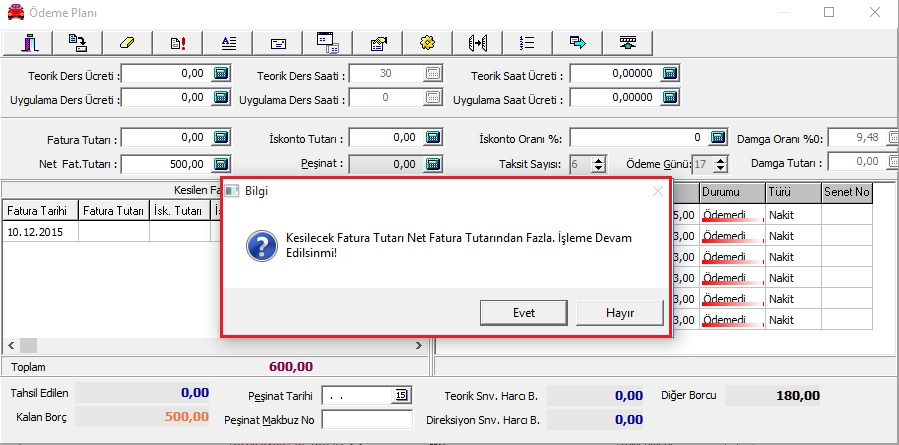 17. Ödeme Planında Kesilmek istenilen fatura tutarı toplam borçtan fazla ise uyarı mesajı verecektir. 18.