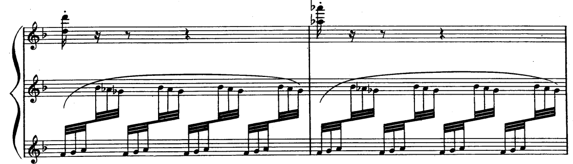 Üst katta Fa Majör sesleri seslendirilirken alt katta Re bemol Majörün Dominantı seslenir. Bu örnekte (Şekil 19.) politonal usul kullanılarak aynı anda uzak tonlar seslendirilmiştir. Şekil 19.