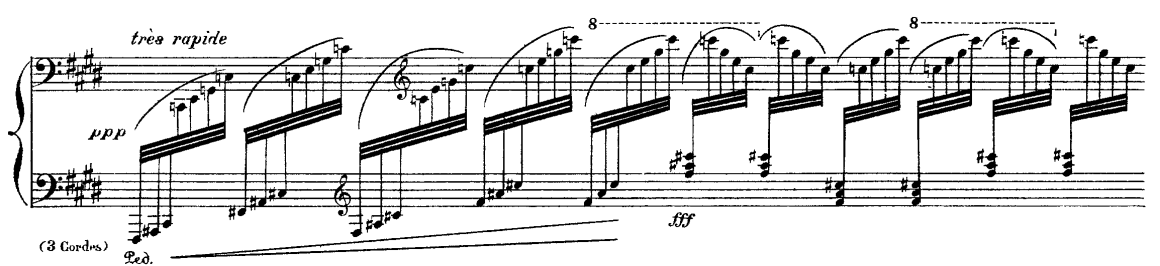 Şekil 27 de müziğin dinamik göstergesi aniden iki forteden (ff) pianoya (p) düştüğü görülmektedir. Şekil 27. Debussy 1. Defter 7. Batı Rüzgârı nın Anlattıkları ( Ce qu avu le d oust) (49.