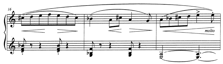 mezzopiano (mp) nüans işaretleri kullanılmıştır. İzlenimci müzikte görülen alt ve üst partide farklı işaretlerin kullanılması bu bölümde yer almaktadır. 1-5.