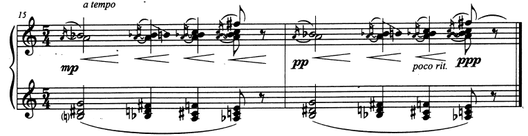 Şekil 45. IV; 5-8. Ölçüler (Figure 45. IV; 5-8. Measures) 15. ölçüde üst partide piano (p) işareti alt partide ise forte (f) subito işareti kullanılmıştır.