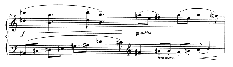 Şekil 56. VII; 24-25. Ölçü (Figure 56. VII; 24-25. Measure) Müziğin yazılış şekli ve icracılık özelliği: Bölümde yer alan dinamik göstergelerin tezatlığı icracılık açısından önemlidir.