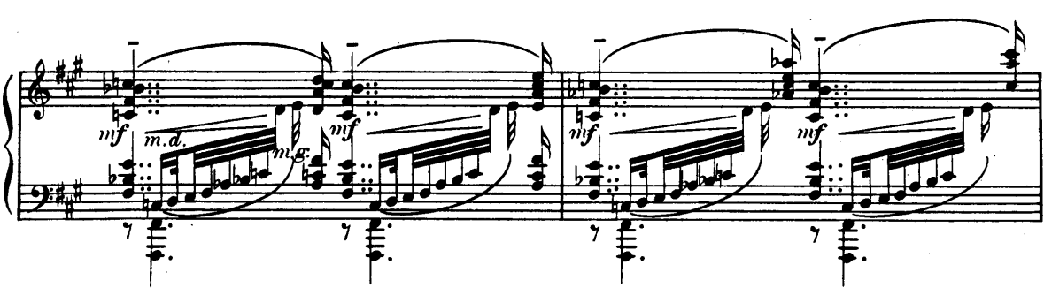 İzlenimci müzikte tematik çizgi alışılmışın dışında üst partide, eşlik ise alt partide seslenebilir. Şekil 3 de ise müziğin tematik çizgisi sol elde, eşliği ise sağ elde seslenmiştir. 4.2.