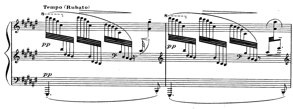 Şekil 7 nin genel seslenmesi tokatta tartımı üzerinde kurulurken ses dokumasının üst ve alt çizgisi birlikte yedili aralıklarıyla kromatik olarak yukarıya doğru yükselmektedir. Şekil 7. Debussy 1.