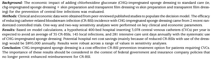 Economic impact of use of chlorhexidine-impregnated sponge dressing for prevention of central