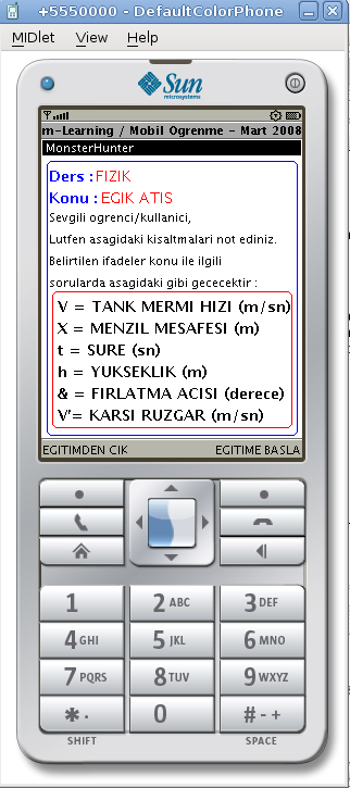 Uygulama Karşılama Ekranı V Merminin hızı X Merminin X / Z ekseni boyunca gidebileceği maksimum mesafe t Merminin menzil mesafesinde aldığı toplam süre h Merminin Y ekseninde