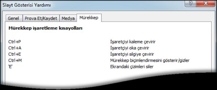 Slayt Gösterisi Yardımı Slayt gösterisi sırasında, sunumu kolaylaştırmak için kullanılabilecek birçok kısa yol mevcuttur.