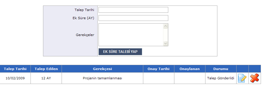 Buradan talep tarihi, talep edilen ek süre (ay olarak) ve gerekçeler girilip, Ek Süre Talebi Yap butonuna tıklayarak, talebinizi aşağıdaki gibi listeye eklemiş olursunuz. 3.